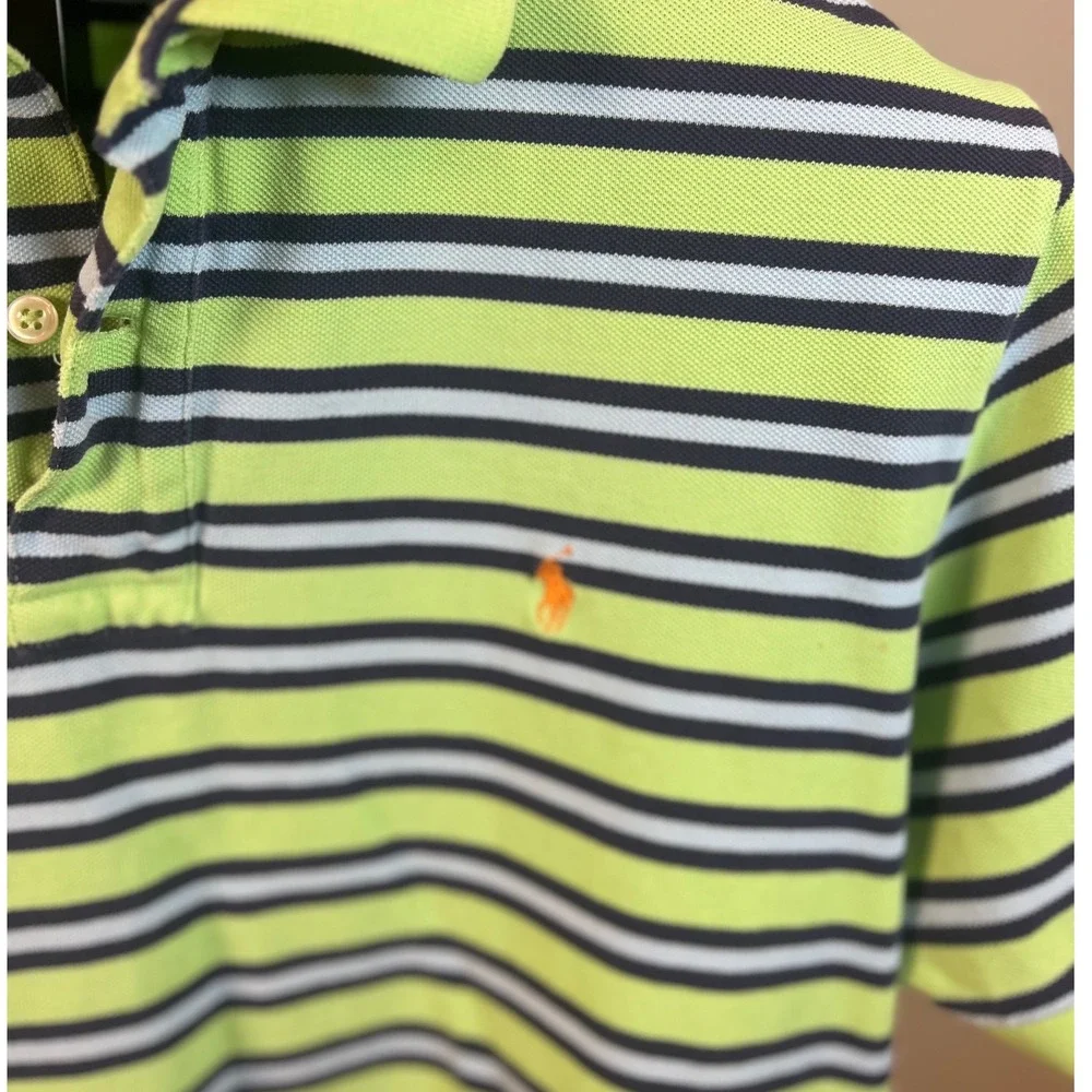Polo Ralph Lauren Mens Large Lime Green Navy Blue Striped Cotton Polo Shirt L